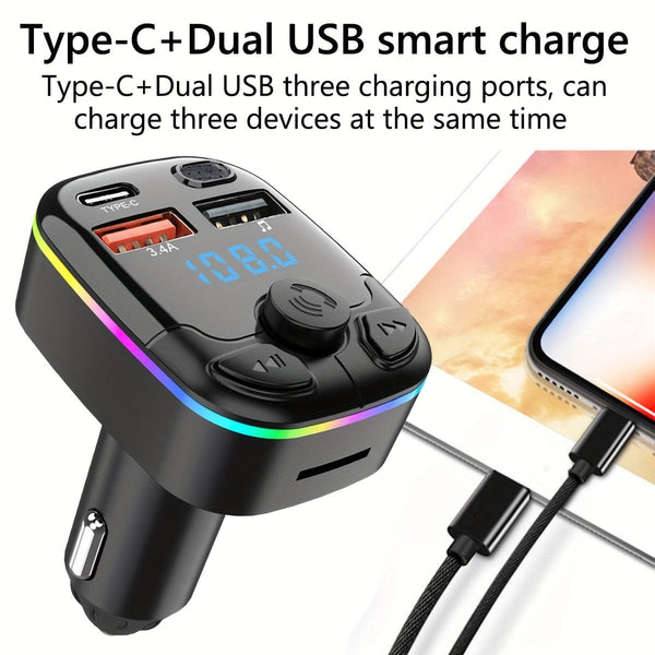 Planet Gates Black Car FM Transmitter Modulator Support TF Card U Disk Car MP3 Player Dual USB Type C Car Charger Phone Charger Handsfree Car Kit