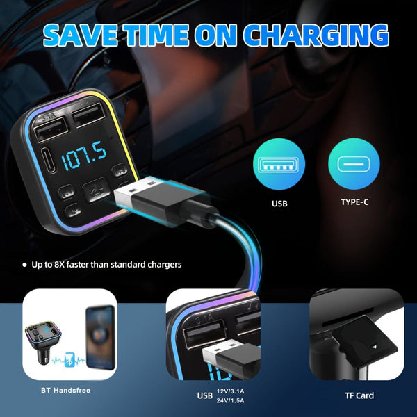 Planet Gates Black Car mp3 player Wireless FM Transmitter Type C USB C Fast Charging Dual USB car Charger Handsfree Car Kit MP3 Player FM Modulator