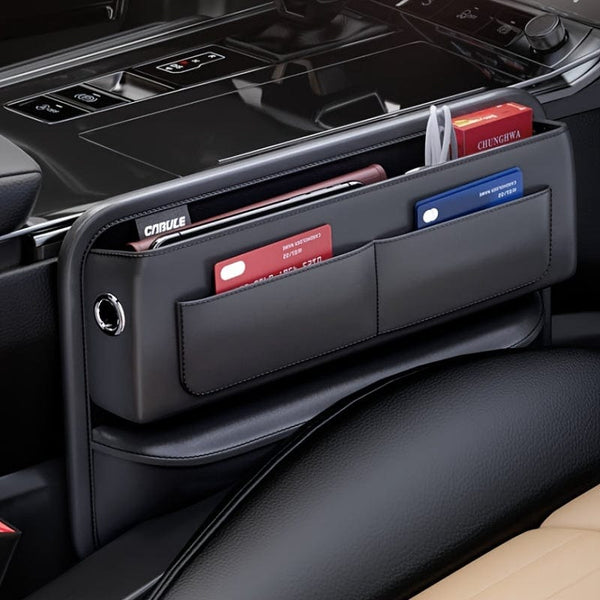 Planet Gates Black Car PU Leather Storage Box, Multi-card Main Passenger Storage Bag, Front Seat Automotive Adjustable Gap Padding, For Mobile Phones, Cards, Keys, Wallets