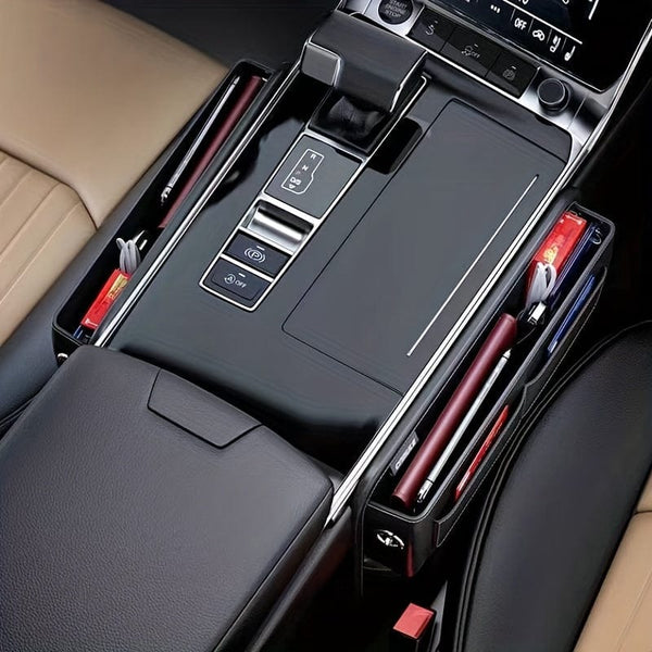 Planet Gates Black Car PU Leather Storage Box, Multi-card Main Passenger Storage Bag, Front Seat Automotive Adjustable Gap Padding, For Mobile Phones, Cards, Keys, Wallets