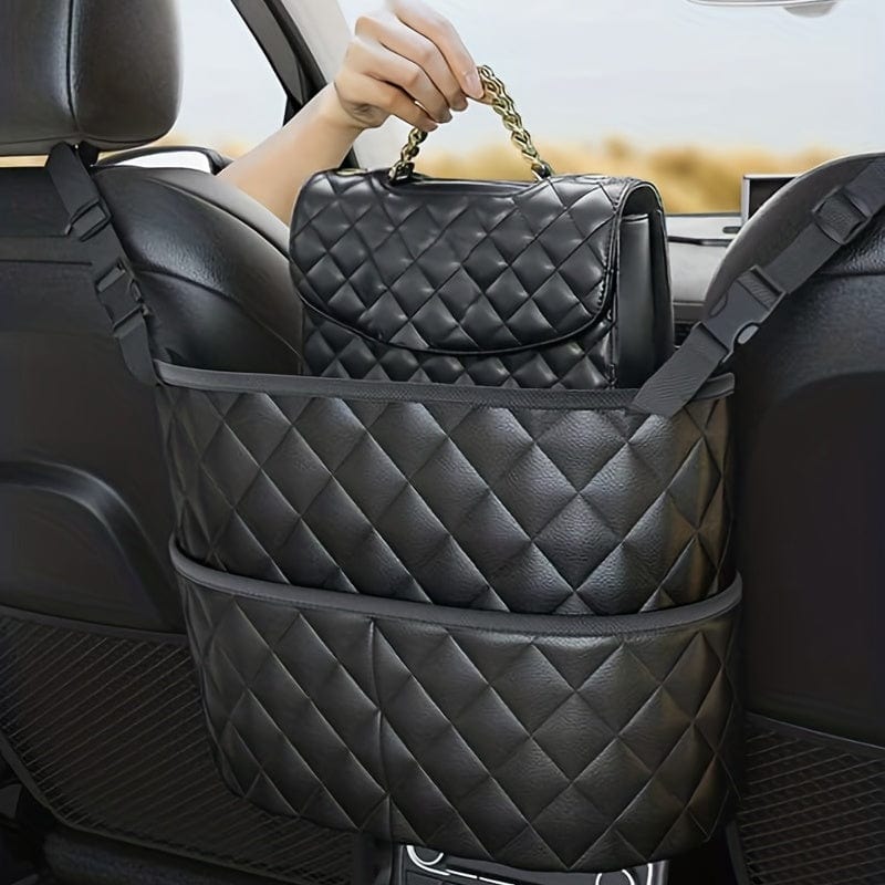 Planet Gates Black Car Purse Handbag Holder Between Seats, Leather Car Seat Back Organizer With 3 Pockets, Large Capacity Storage Bag