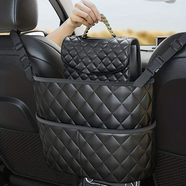 Planet Gates Black Car Purse Handbag Holder Between Seats, Leather Car Seat Back Organizer With 3 Pockets, Large Capacity Storage Bag