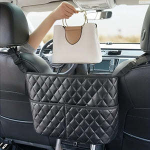 Planet Gates Black Car Purse Handbag Holder Between Seats, Leather Car Seat Back Organizer With 3 Pockets, Large Capacity Storage Bag
