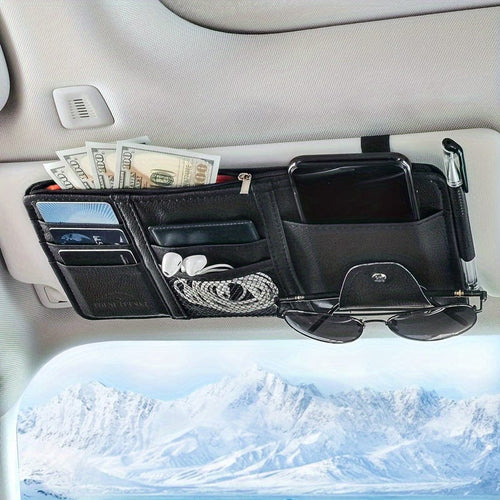 Planet Gates Black Car Sun Visor Organizer, Multifunctional Storage Bag Car Glasses Clip Storage Bag Sunglasses Holder With Zipper Pouch Car Interior Accessories