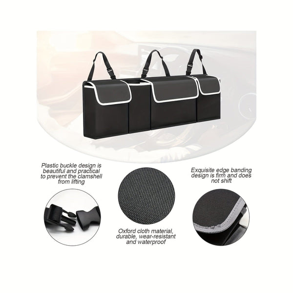 Planet Gates Black Car Trunk Organizer And Storage Bag, Rear Seat Hanging Organizer For SUV, Truck, MPV, Waterproof, Foldable Storage Bag With 4 Pockets
