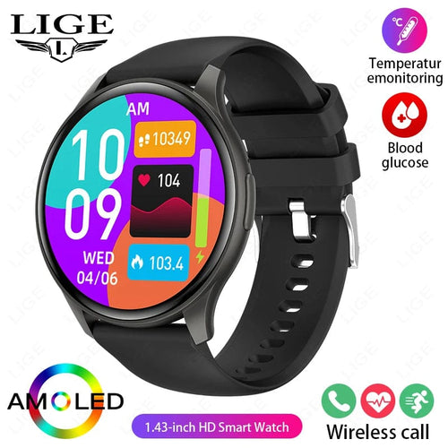 Planet Gates black / CHINA LIGE New Smartwatch Women 466*466 AMOLED 1.43" HD Screen Blood Glucose Monitor Bluetooth Call IP68 Waterproof Sports Smart Watch