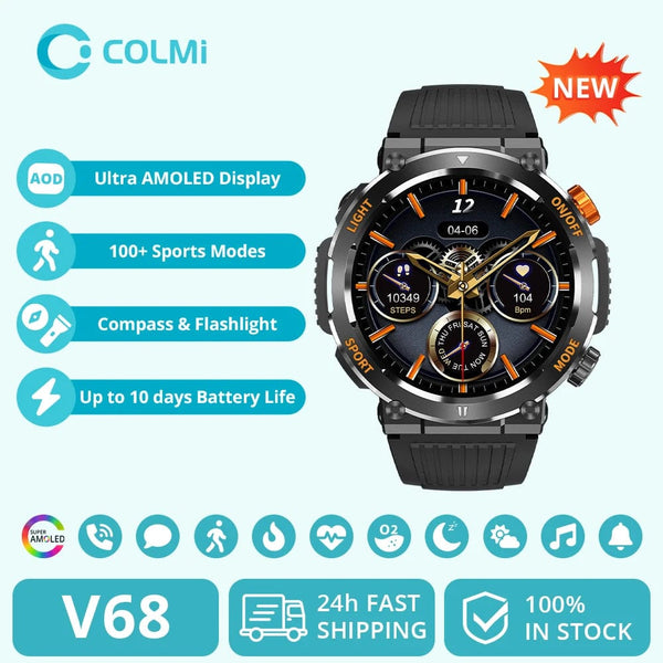 Planet Gates black COLMI V68 1.46'' HD Display Smartwatch Men 100 Sports Modes Compass Flashlight Military Grade Toughness Smart Watch