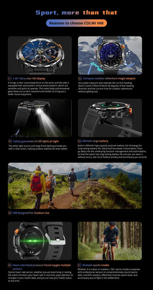 Planet Gates black COLMI V68 1.46'' HD Display Smartwatch Men 100 Sports Modes Compass Flashlight Military Grade Toughness Smart Watch