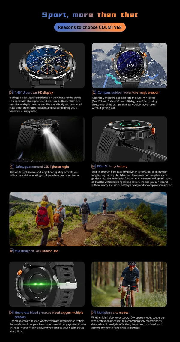 Planet Gates black COLMI V68 1.46'' HD Display Smartwatch Men 100 Sports Modes Compass Flashlight Military Grade Toughness Smart Watch