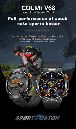 Planet Gates black COLMI V68 1.46'' HD Display Smartwatch Men 100 Sports Modes Compass Flashlight Military Grade Toughness Smart Watch