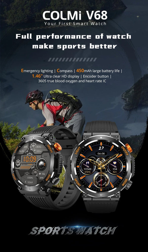 Planet Gates black COLMI V68 1.46'' HD Display Smartwatch Men 100 Sports Modes Compass Flashlight Military Grade Toughness Smart Watch