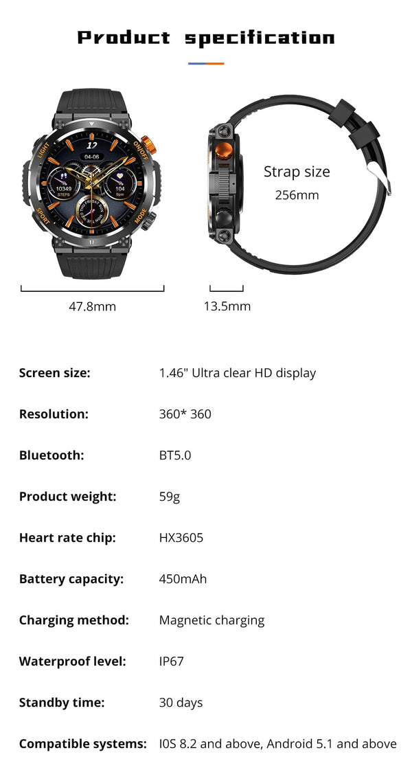 Planet Gates black COLMI V68 1.46'' HD Display Smartwatch Men 100 Sports Modes Compass Flashlight Military Grade Toughness Smart Watch
