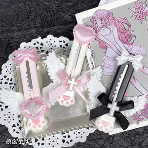 Planet Gates black Cute Cat Paw Utility Knife Lovely Wing Bowknot Style Open Box Cutter Letter Envelope Opener Mail Knife School Office Supplies