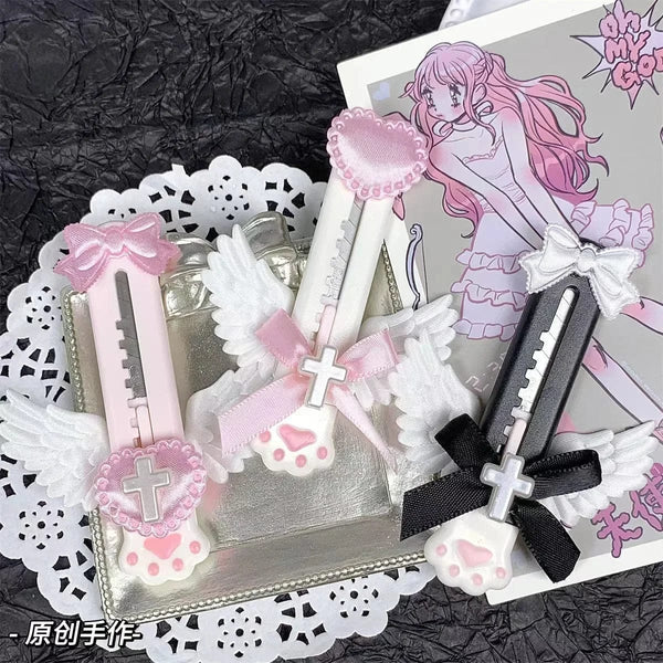 Planet Gates black Cute Cat Paw Utility Knife Lovely Wing Bowknot Style Open Box Cutter Letter Envelope Opener Mail Knife School Office Supplies