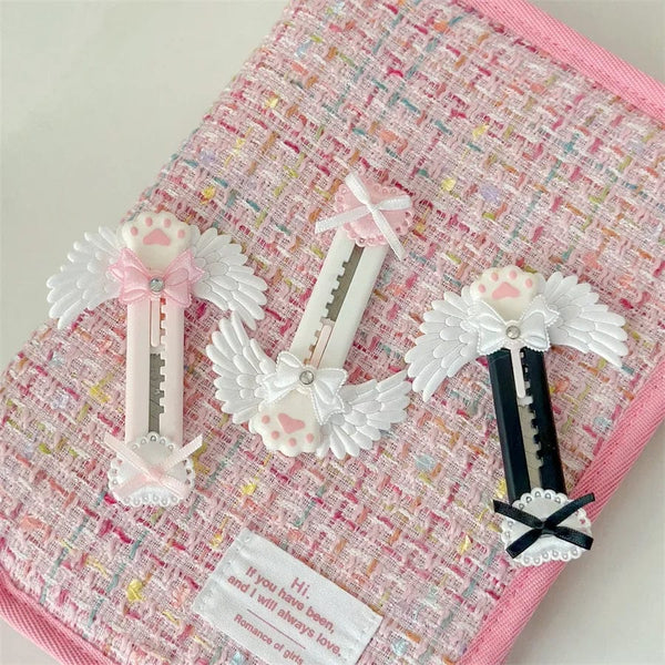 Planet Gates black Cute Cat Paw Utility Knife Lovely Wing Bowknot Style Open Box Cutter Letter Envelope Opener Mail Knife School Office Supplies