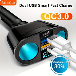 Planet Gates Black Dual Port Car Charger Adapter: Charge Multiple Devices Simultaneously With Digital Display!