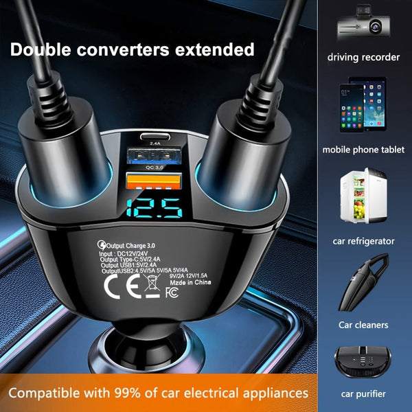 Planet Gates Black Dual Port Car Charger Adapter: Charge Multiple Devices Simultaneously With Digital Display!