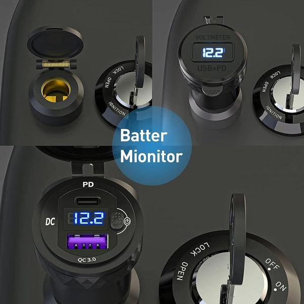 Planet Gates Black Dual QC3.0 Motorcycle USB Charger Moto USB Power Adapter Switch for BMW R1200GS Adventure F800GS Triumph Tiger Ducati DIN Socket