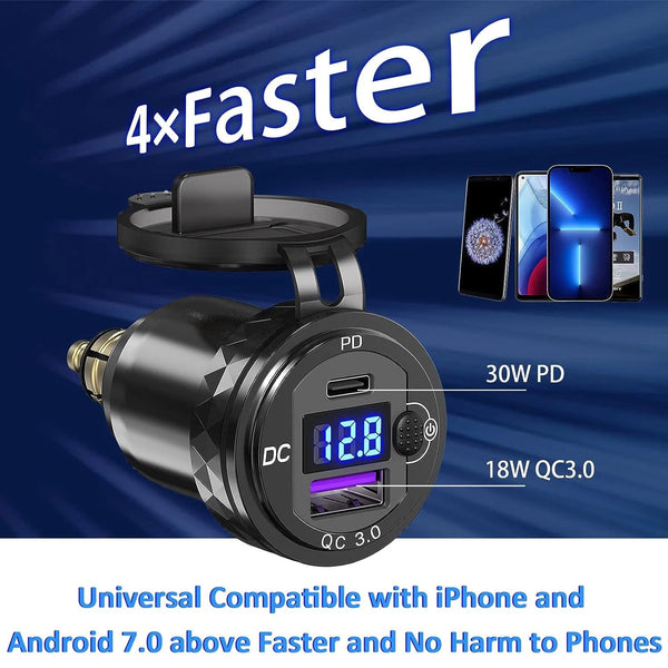 Planet Gates Black Dual QC3.0 Motorcycle USB Charger Moto USB Power Adapter Switch for BMW R1200GS Adventure F800GS Triumph Tiger Ducati DIN Socket