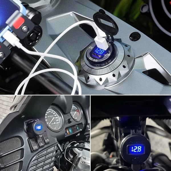 Planet Gates Black Dual QC3.0 Motorcycle USB Charger Moto USB Power Adapter Switch for BMW R1200GS Adventure F800GS Triumph Tiger Ducati DIN Socket
