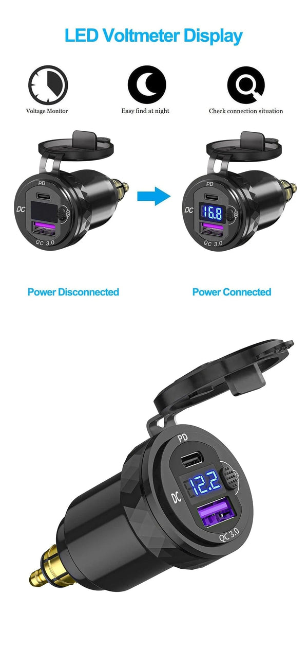 Planet Gates Black Dual QC3.0 Motorcycle USB Charger Moto USB Power Adapter Switch for BMW R1200GS Adventure F800GS Triumph Tiger Ducati DIN Socket