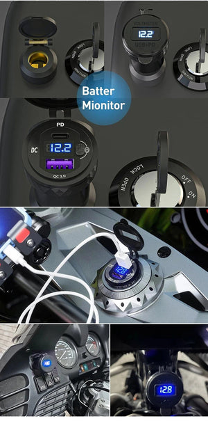 Planet Gates Black Dual QC3.0 Motorcycle USB Charger Moto USB Power Adapter Switch for BMW R1200GS Adventure F800GS Triumph Tiger Ducati DIN Socket