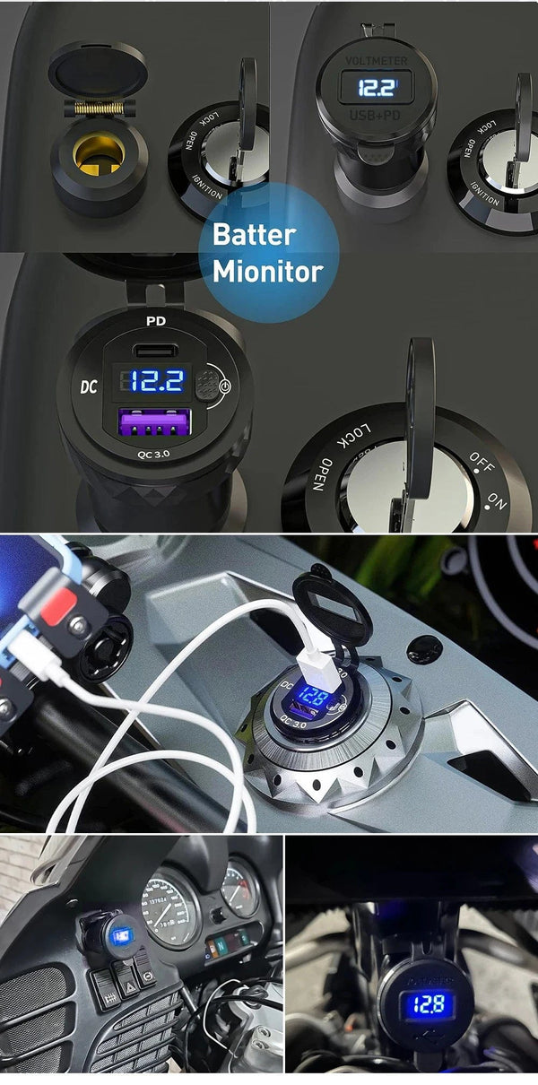 Planet Gates Black Dual QC3.0 Motorcycle USB Charger Moto USB Power Adapter Switch for BMW R1200GS Adventure F800GS Triumph Tiger Ducati DIN Socket