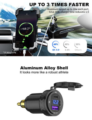 Planet Gates Black Dual QC3.0 Motorcycle USB Charger Moto USB Power Adapter Switch for BMW R1200GS Adventure F800GS Triumph Tiger Ducati DIN Socket