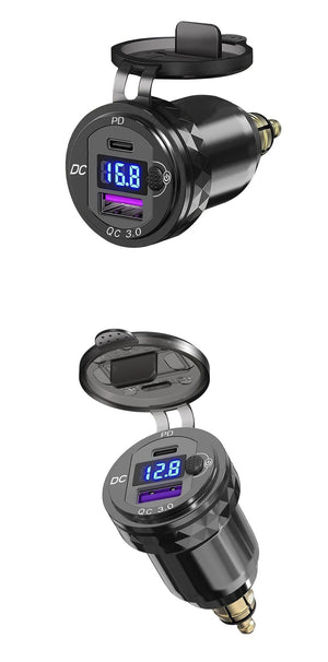 Planet Gates Black Dual QC3.0 Motorcycle USB Charger Moto USB Power Adapter Switch for BMW R1200GS Adventure F800GS Triumph Tiger Ducati DIN Socket