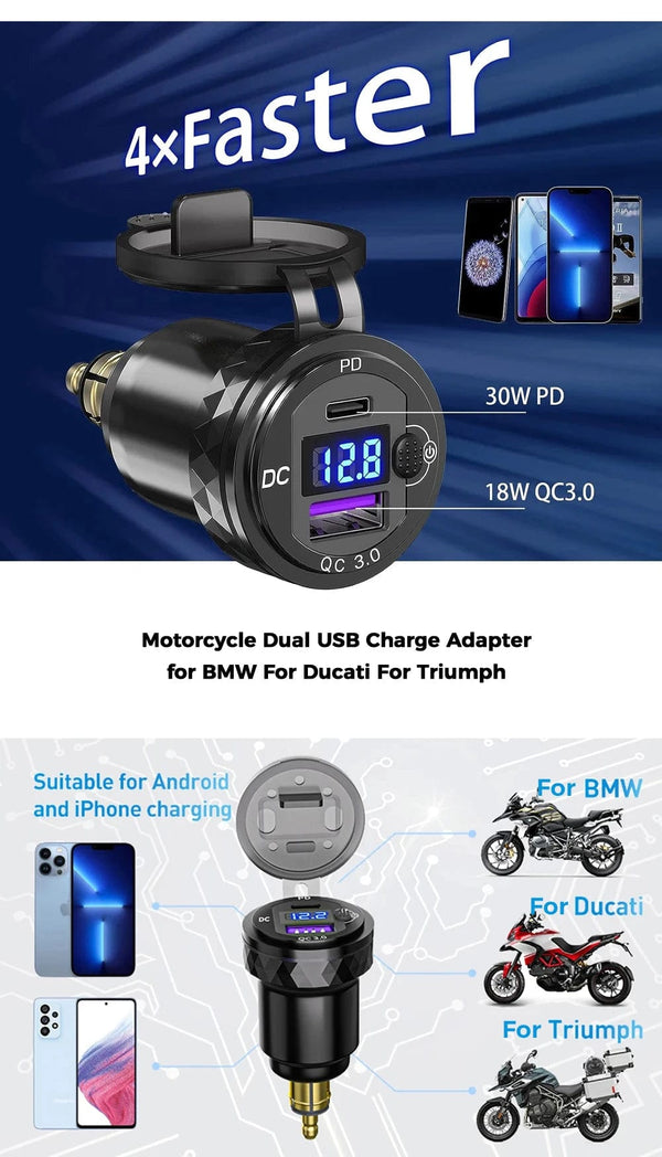 Planet Gates Black Dual QC3.0 Motorcycle USB Charger Moto USB Power Adapter Switch for BMW R1200GS Adventure F800GS Triumph Tiger Ducati DIN Socket