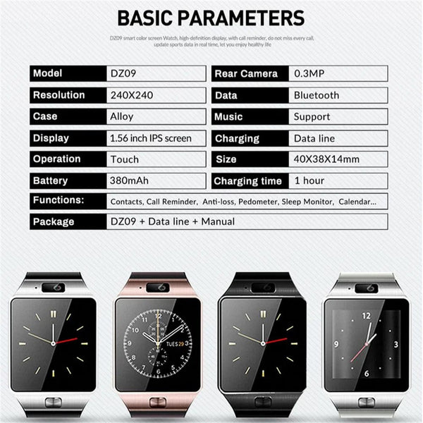 Planet Gates black DZ09 Smart Watch Sleep Monitor 1.56" HD Color Screen Built-in Sports Modes Smartwatch Fitness Tracker