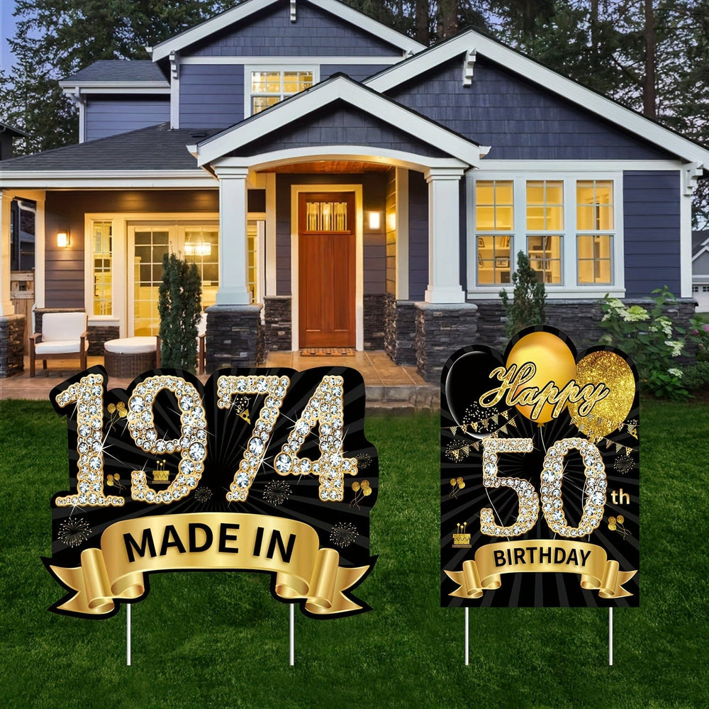 Planet Gates Black Gold 2pcs 2024 Black Golden 50th Birthday Yard Sign Decorations For Women, Happy 50th Birthday Sign With Stake, Made In 1974 Lawn Sign, Party Supplies, Happy Fifty Year Old Birthday Yard Decor With Stakes
