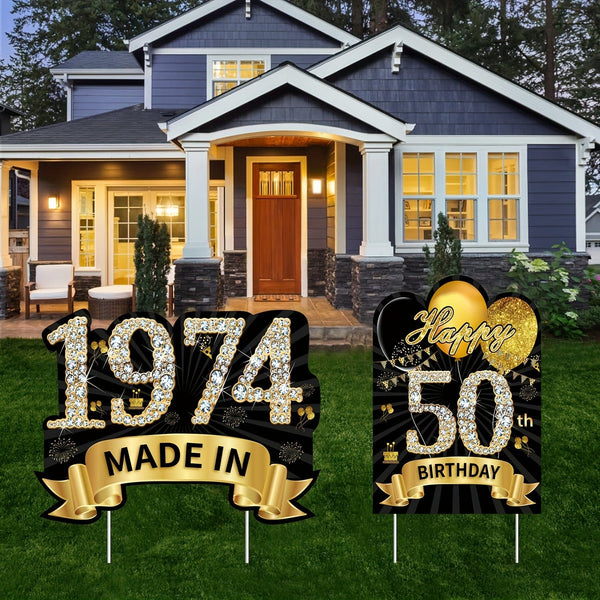 Planet Gates Black Gold 2pcs 2024 Black Golden 50th Birthday Yard Sign Decorations For Women, Happy 50th Birthday Sign With Stake, Made In 1974 Lawn Sign, Party Supplies, Happy Fifty Year Old Birthday Yard Decor With Stakes