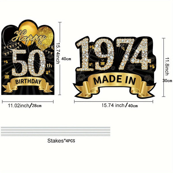 Planet Gates Black Gold 2pcs 2024 Black Golden 50th Birthday Yard Sign Decorations For Women, Happy 50th Birthday Sign With Stake, Made In 1974 Lawn Sign, Party Supplies, Happy Fifty Year Old Birthday Yard Decor With Stakes
