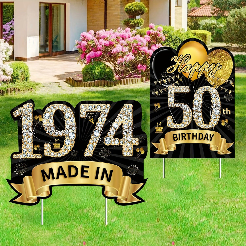 Planet Gates Black Gold 2pcs 2024 Black Golden 50th Birthday Yard Sign Decorations For Women, Happy 50th Birthday Sign With Stake, Made In 1974 Lawn Sign, Party Supplies, Happy Fifty Year Old Birthday Yard Decor With Stakes
