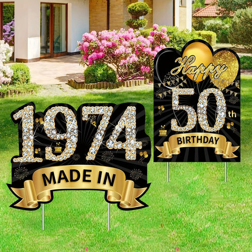 Planet Gates Black Gold 2pcs 2024 Black Golden 50th Birthday Yard Sign Decorations For Women, Happy 50th Birthday Sign With Stake, Made In 1974 Lawn Sign, Party Supplies, Happy Fifty Year Old Birthday Yard Decor With Stakes