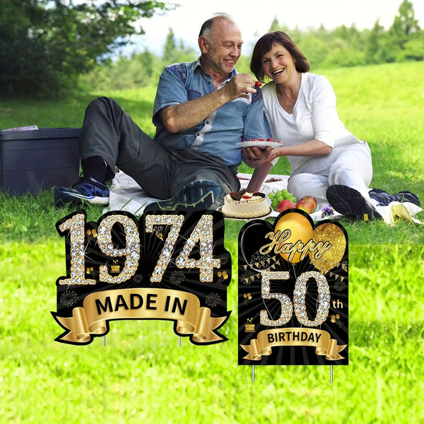 Planet Gates Black Gold 2pcs 2024 Black Golden 50th Birthday Yard Sign Decorations For Women, Happy 50th Birthday Sign With Stake, Made In 1974 Lawn Sign, Party Supplies, Happy Fifty Year Old Birthday Yard Decor With Stakes
