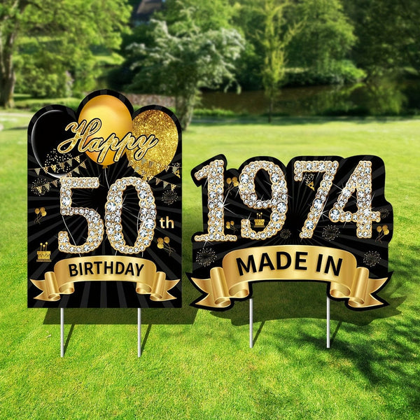 Planet Gates Black Gold 2pcs 2024 Black Golden 50th Birthday Yard Sign Decorations For Women, Happy 50th Birthday Sign With Stake, Made In 1974 Lawn Sign, Party Supplies, Happy Fifty Year Old Birthday Yard Decor With Stakes
