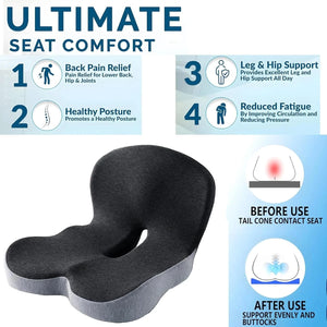 Planet Gates black gray Memory foam One-piece Seat Cushion Backrest Office Chair Cushion Massage Lumbar Support Pain Relief Breathable Car Butt Pad