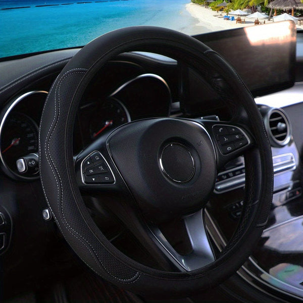 Planet Gates Black Gray PU Leather Three-dimensional Pressure Hole Without Inner Ring Car Steering Wheel Cover Suitable For 37-38CM Car Accessories For All Seasons