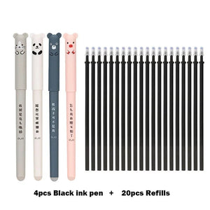 Planet Gates Black Ink Set 4+20 Pcs/Set Kawaii Pig Bear Cat Erasable Gel Pen Refills Rods 0.35mm Blue Black Ink Washable Handle School Office Supplies Gift