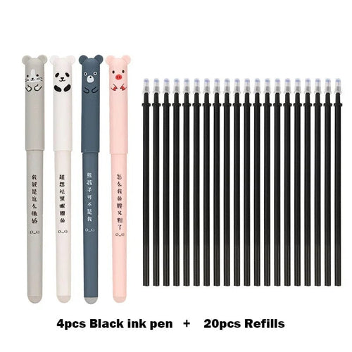 Planet Gates Black Ink Set 4+20 Pcs/Set Kawaii Pig Bear Cat Erasable Gel Pen Refills Rods 0.35mm Blue Black Ink Washable Handle School Office Supplies Gift