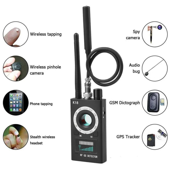 Planet Gates black K18 Multi-function Anti-Candid Cam Wireless Lens Device Finder 1MHz-6.5GHz GSM Audio Bug Finder GPS Signal RF Tracker Detect