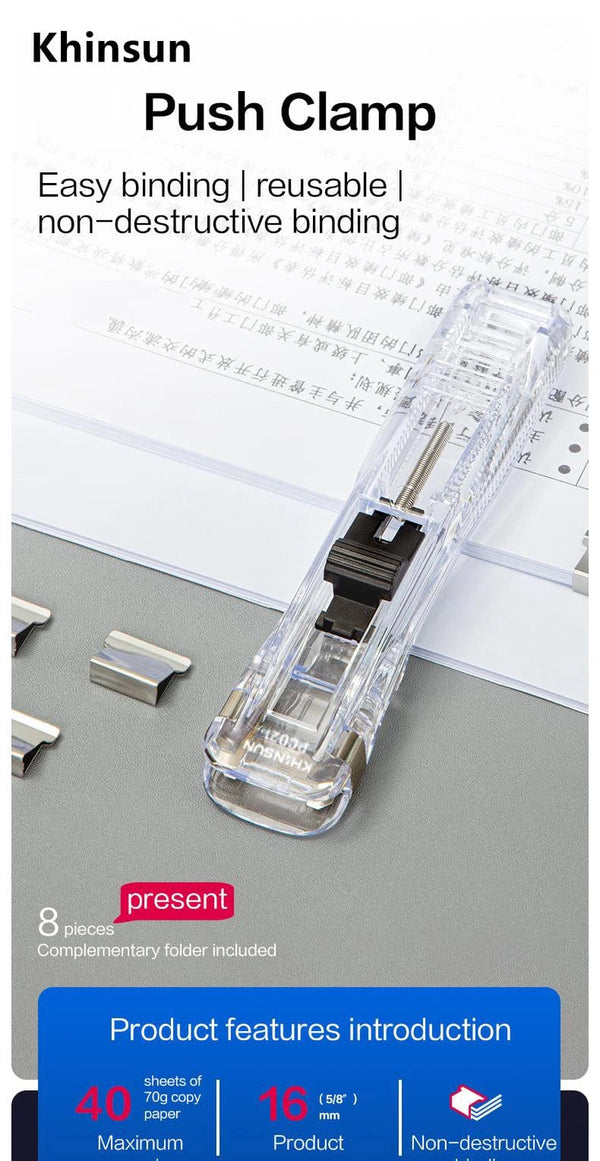 Planet Gates Black KHINSUN Paper Clipper Staplers Push Clamp File Documents Binding Tool Stapling Machine Paper Clips With Refills Office Supplies