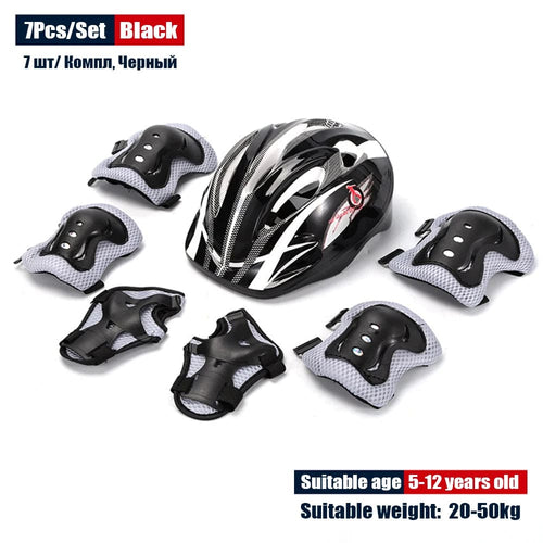 Planet Gates Black Kids Rollerblading Protective Gear Set Helmet Protector Knee Elbow Wrist Pads Boy Girl Bike Skateboard Skiing Scooter Sports