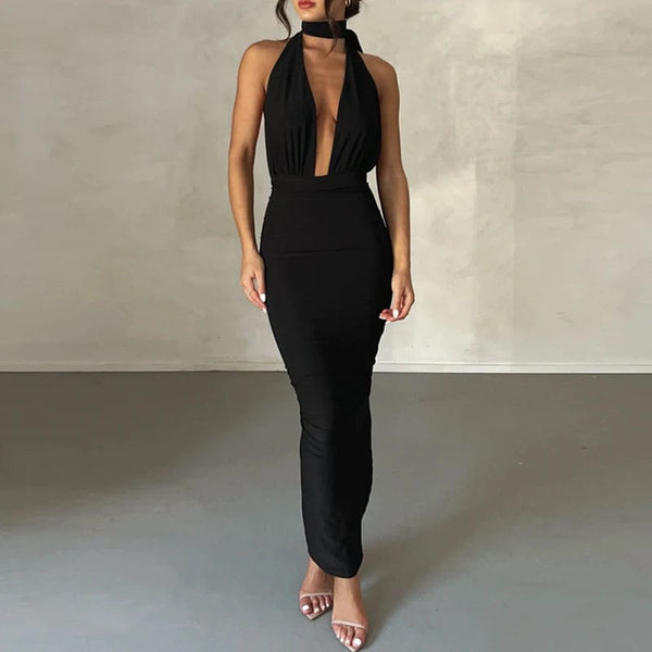 Planet Gates Black / L Deep V-Neck Backless Bodycon Dress Elegant Party Dresses For Women 2023 Summer Ruched Wrap Bandage Long Dress Black White