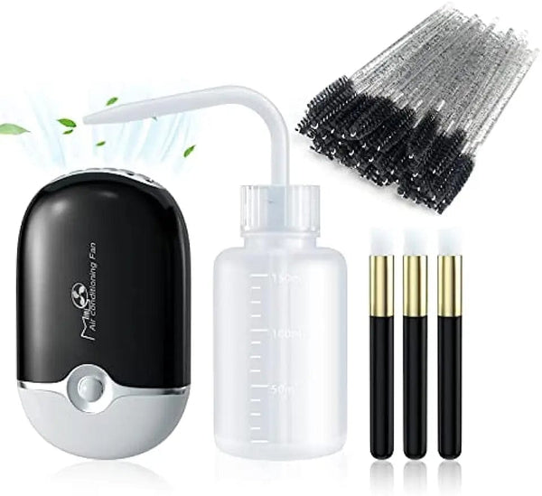 Planet Gates black Lash Fan Eyelash Extension Supplies with USB Mini Portable Eyelash Dryer Shampoo Brush Mascara Brushes Plastic Wash Bottle