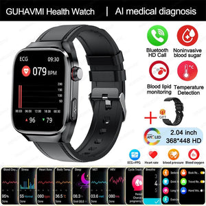 Planet Gates Black Leather / Medical grade 2024 New Uric Acid Blood Fat Smartwatch ECG Blood Glucose Heart Rate Blood Pressure Health Monitoring Smart Watch For HUAWEI IOS