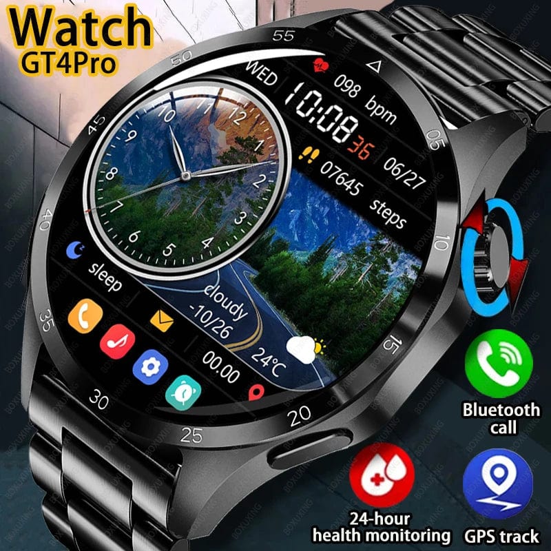 Planet Gates Black leather / NFC GT4 Pro 2024 New GPS Smart Watch Men For Huawei GT4Pro HD Screen Bluetooth Call Watches NFC IP68 Waterproof Blood Sugar Smartwatch Woman