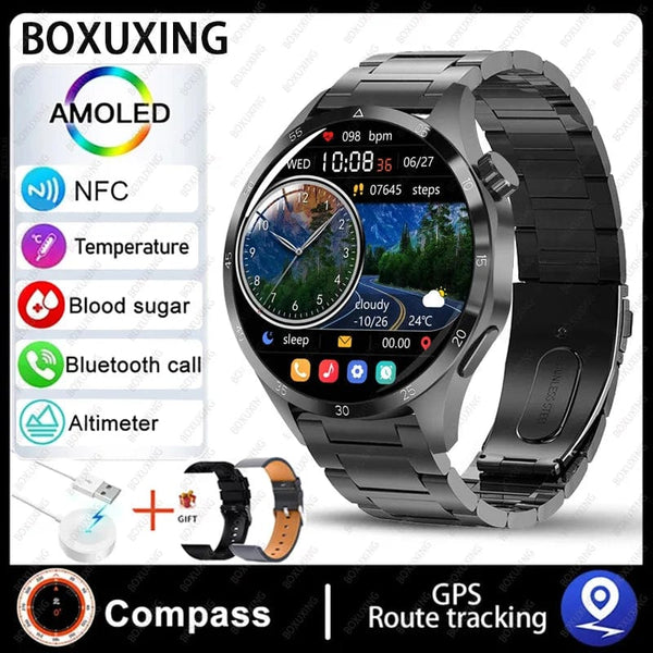 Planet Gates Black leather / NFC GT4 Pro 2024 New GPS Smart Watch Men For Huawei GT4Pro HD Screen Bluetooth Call Watches NFC IP68 Waterproof Blood Sugar Smartwatch Woman